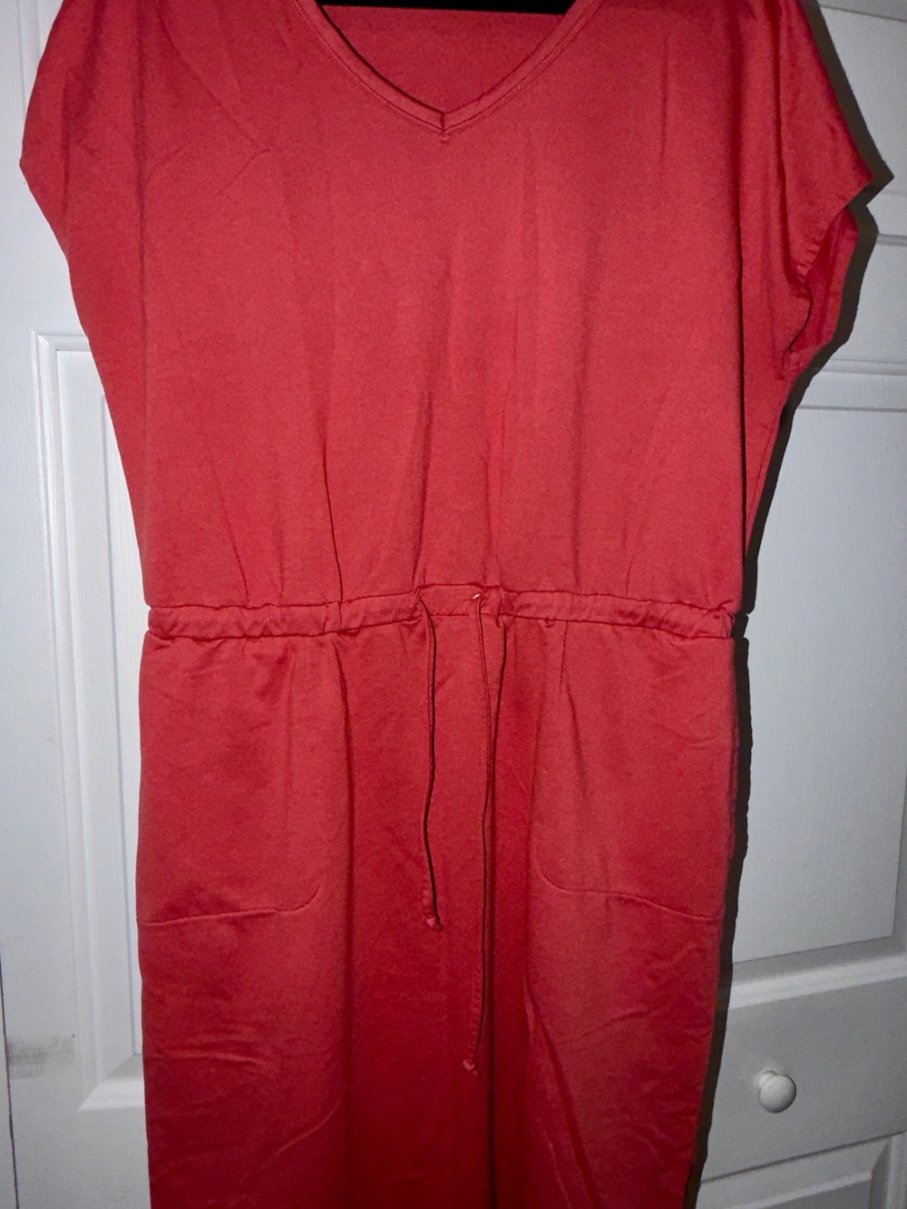 Casual Red V-Neck Drawstring Waist Women's Dress